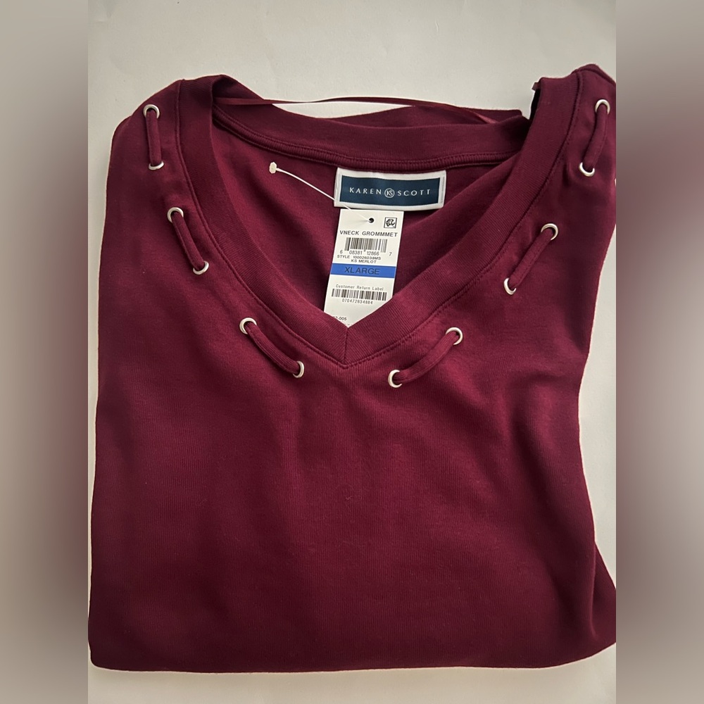 NWT Karen Scott V-Neck Eyelet Trim 3/4 Sleeve Top in Burgundy Size XL - Picture 7 of 7